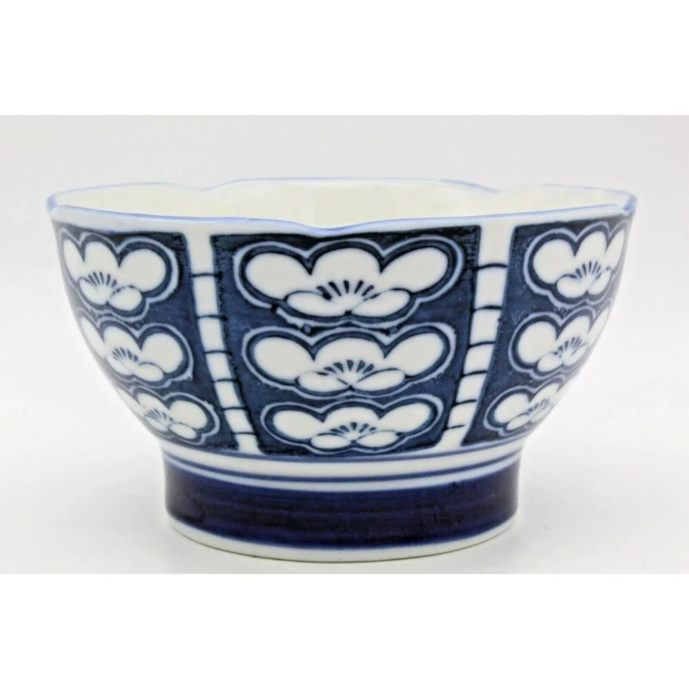 Rice Bowls Ume Japanese Porcelain Set of 4 Blue White Plum Blossom Vintage